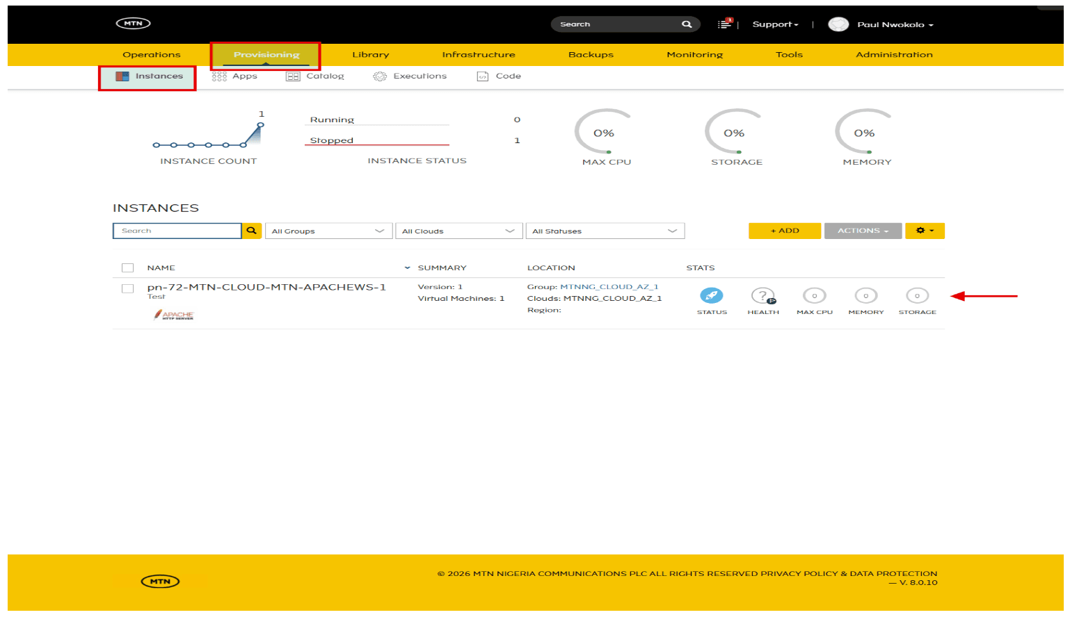 Instance view showing the status and health of the provisioned Apache web server