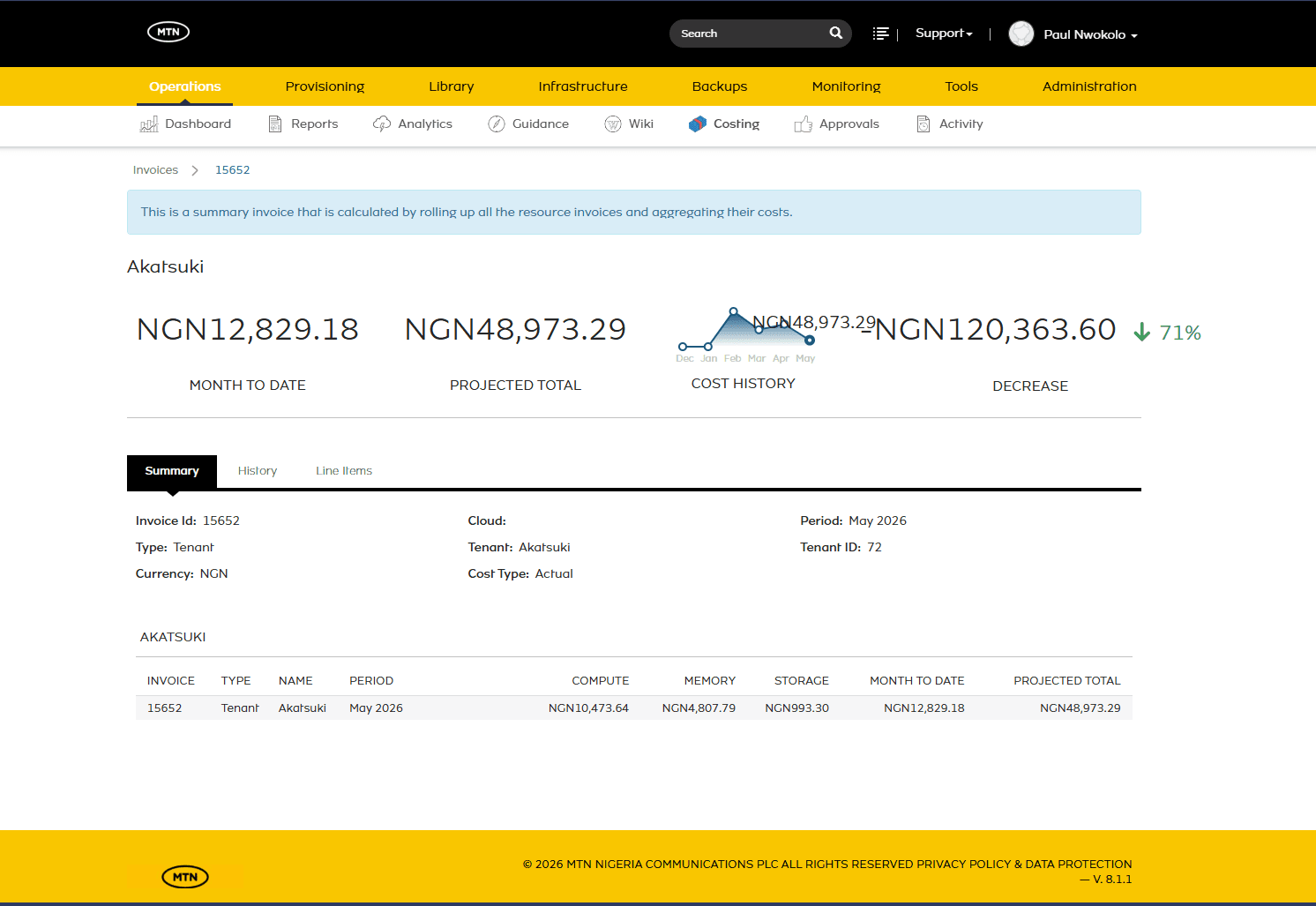 Tenant invoice detail dashboard