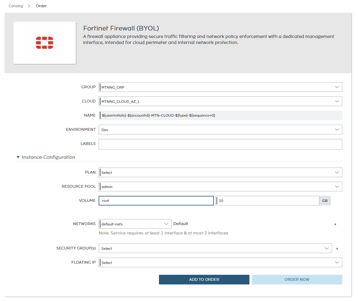 Complete the Fortinet Firewall (BYOL) order form