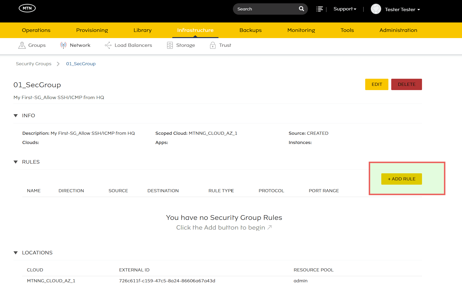 Click +ADD RULE in the Rules section of the Security Group