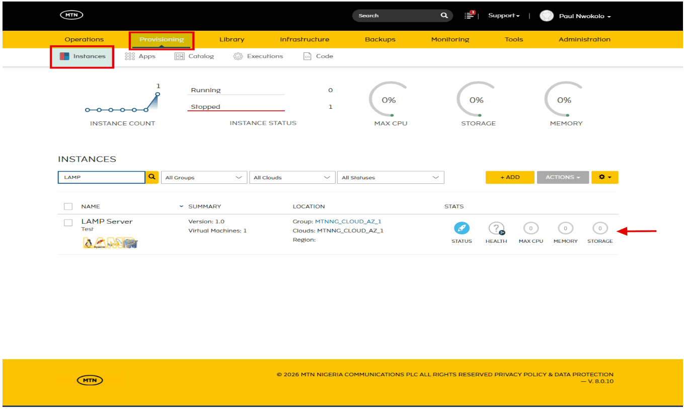 Instance view showing the status and health of the provisioned LAMP stack server