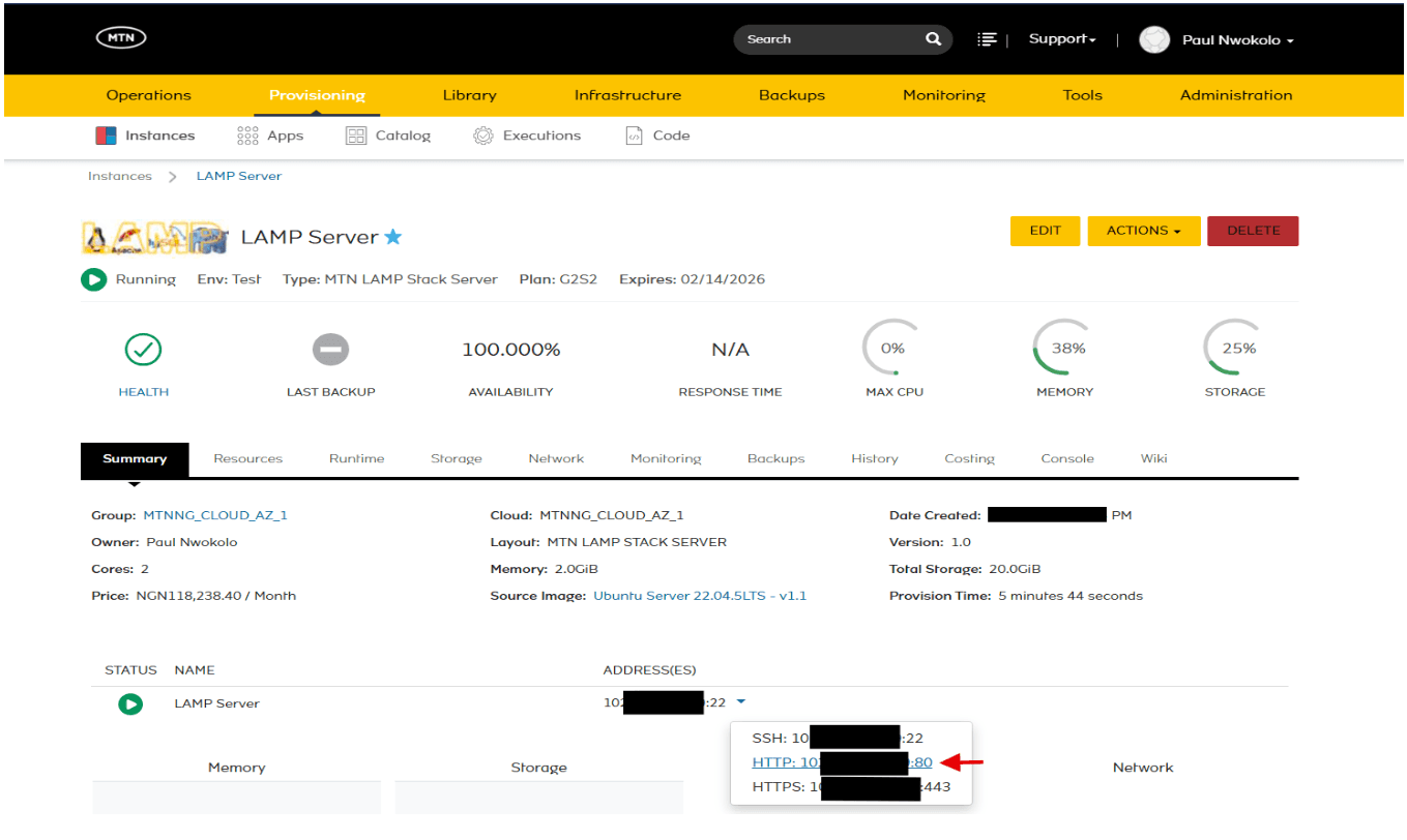 Instance details view showing the HTTP address link for verification