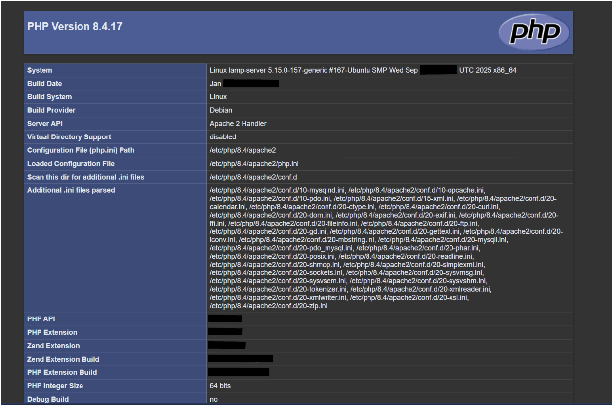 PHP information page confirming PHP is properly configured
