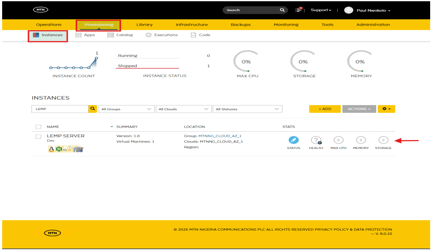 Instance view showing the status and health of the provisioned LEMP stack server