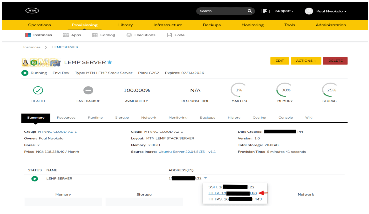 Instance details view showing the HTTP address link for verification