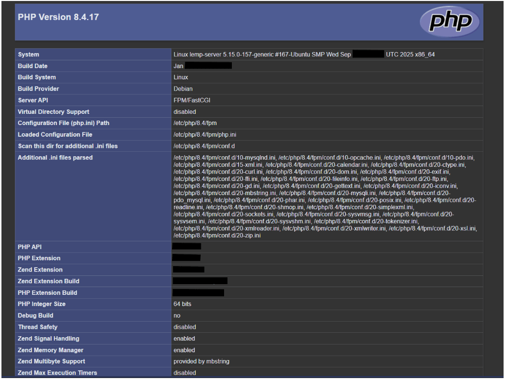 PHP information page confirming PHP is properly configured