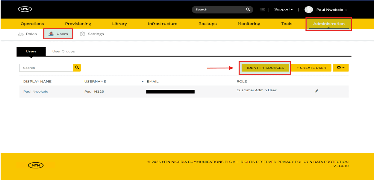 Click on the IDENTITY SOURCES tab to initiate configuration