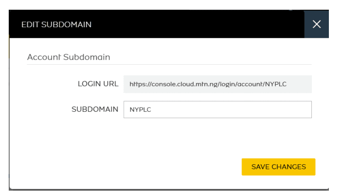 Configure the Account Subdomain to your desired value and select SAVE CHANGES