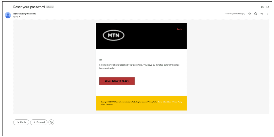 Open the automated email notification and click the link to reset your password