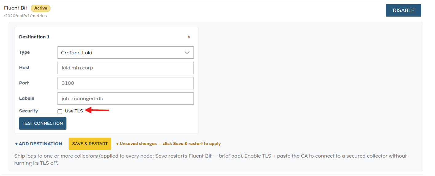 Enable TLS with the Use TLS checkbox