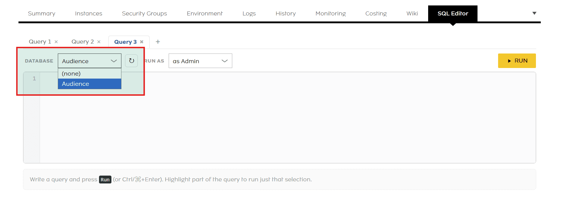 Select the database from the dropdown menu