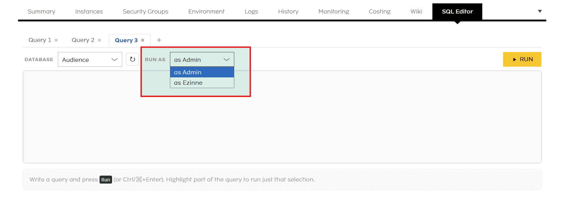 Run As account selection
