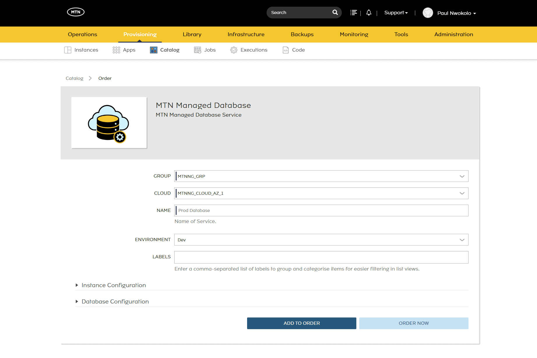 MTN Managed Database order form