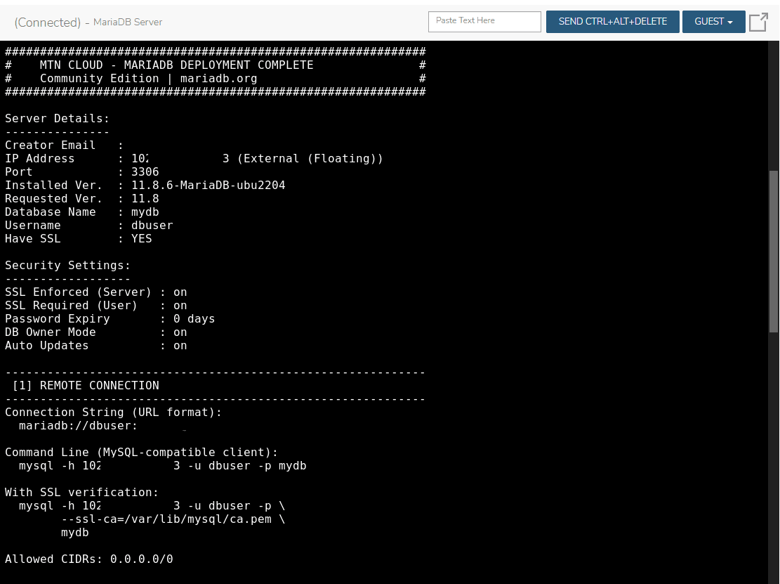 Open the Console tab on the MariaDB Server instance