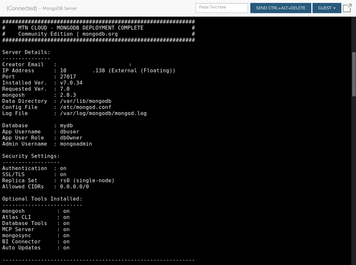 MongoDB deployment complete details in the Console