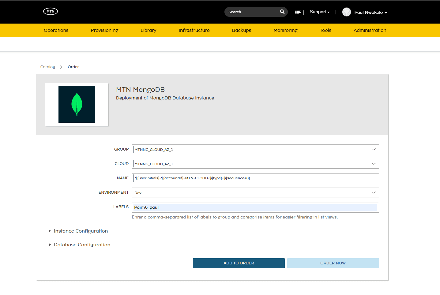MTN MongoDB order form