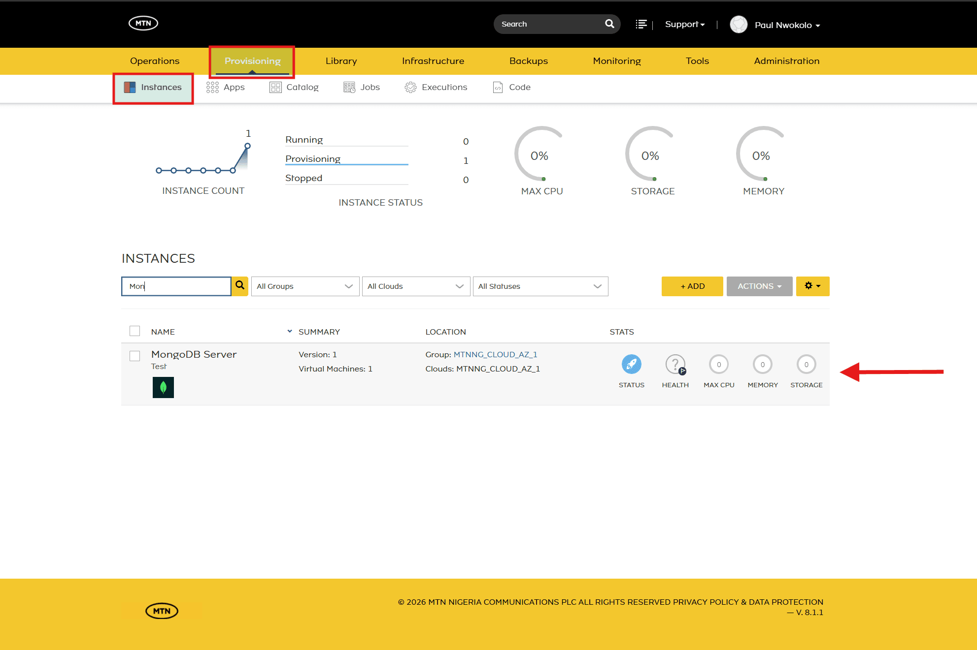MongoDB Server provisioning under Provisioning > Instances