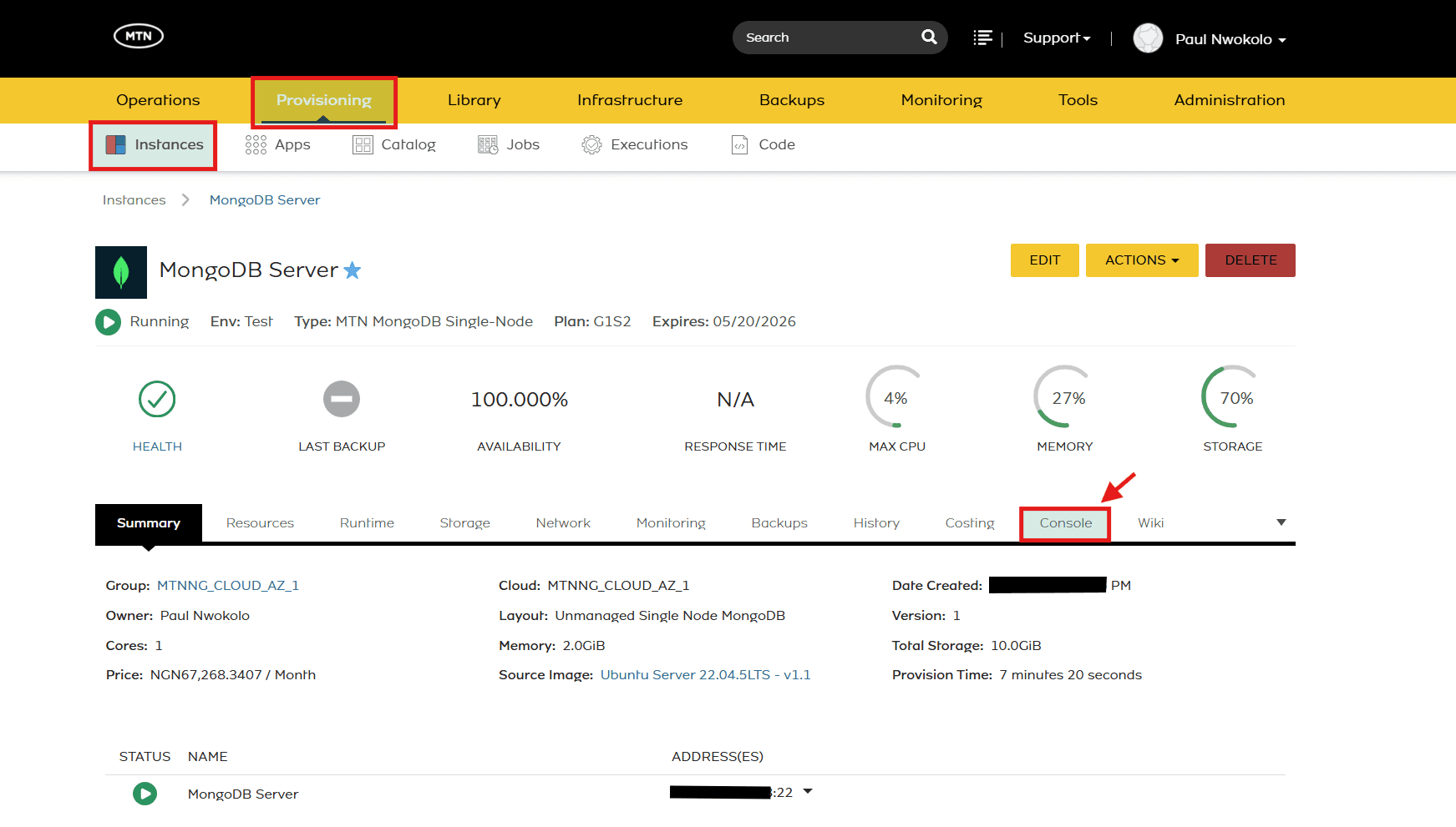 Open the Console tab on the MongoDB Server instance