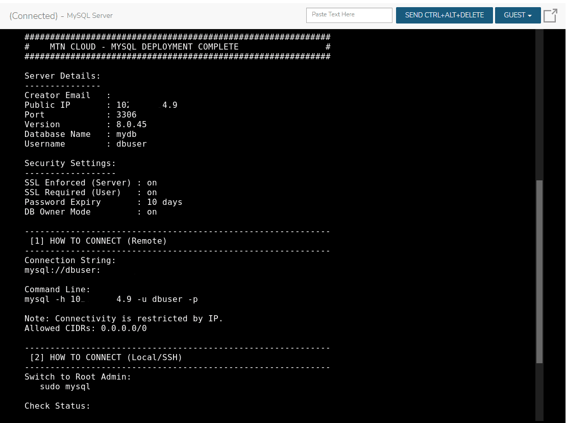 Console output confirming MTN Cloud MySQL deployment complete