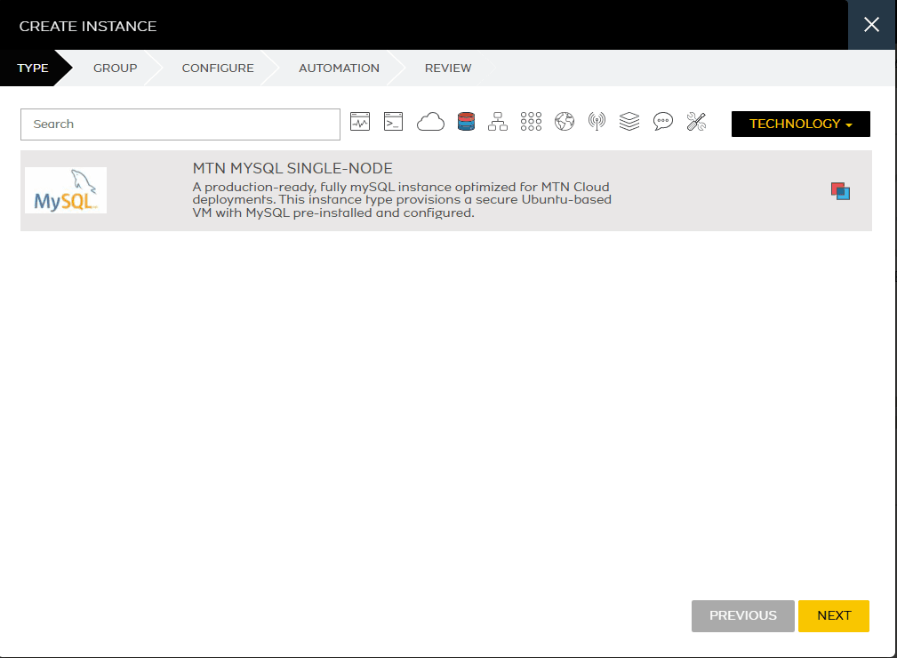 Create Instance wizard with the MTN MySQL Single-Node instance type