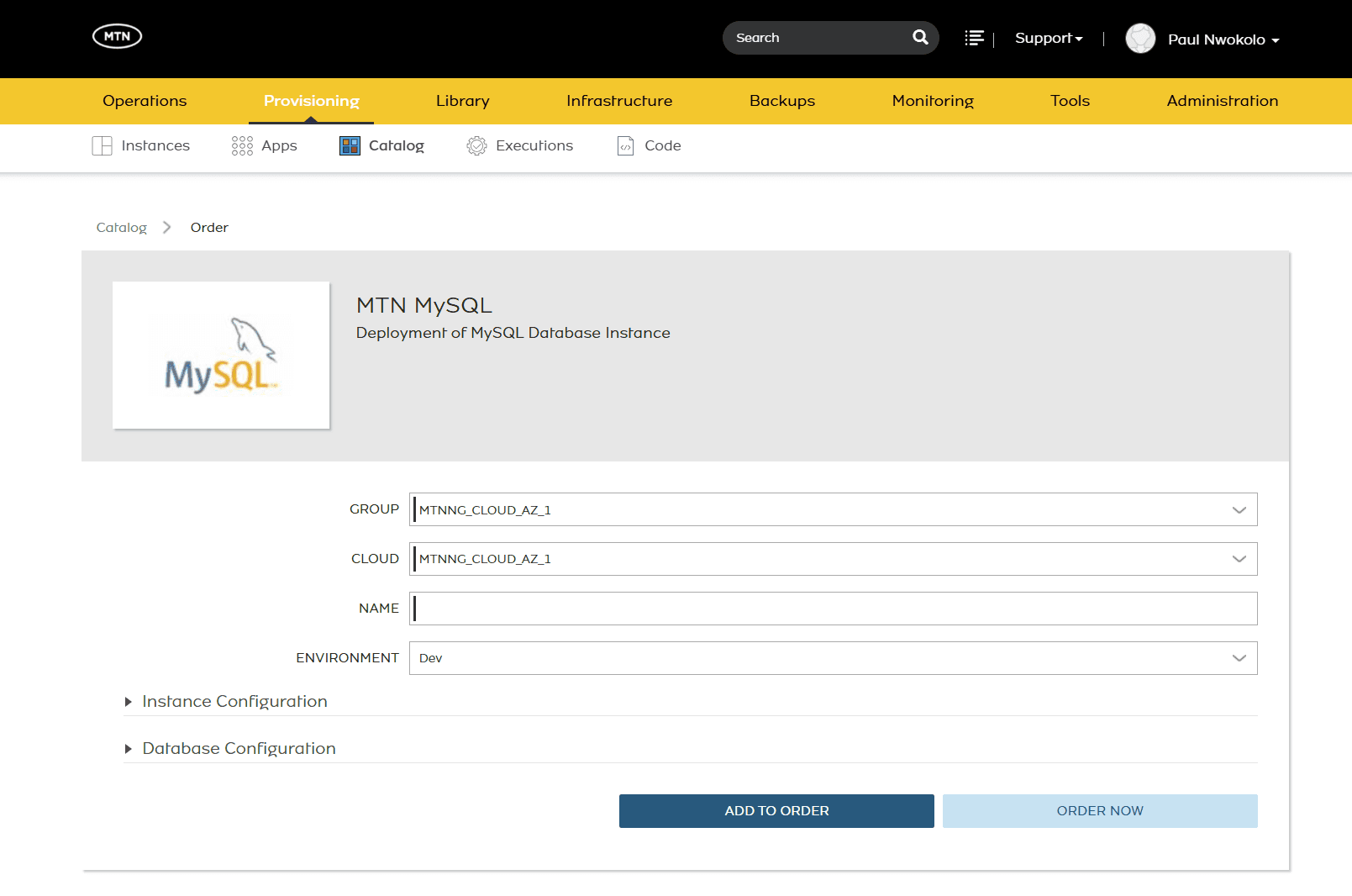 The MTN MySQL order form with Instance and Database Configuration sections