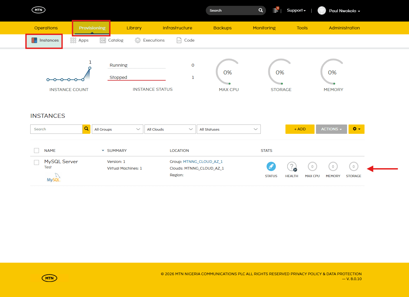 The Instances list showing the provisioned MySQL Server