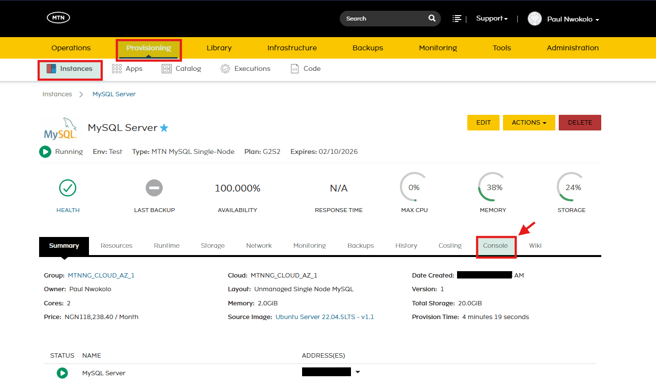 The instance detail page with the Console tab highlighted