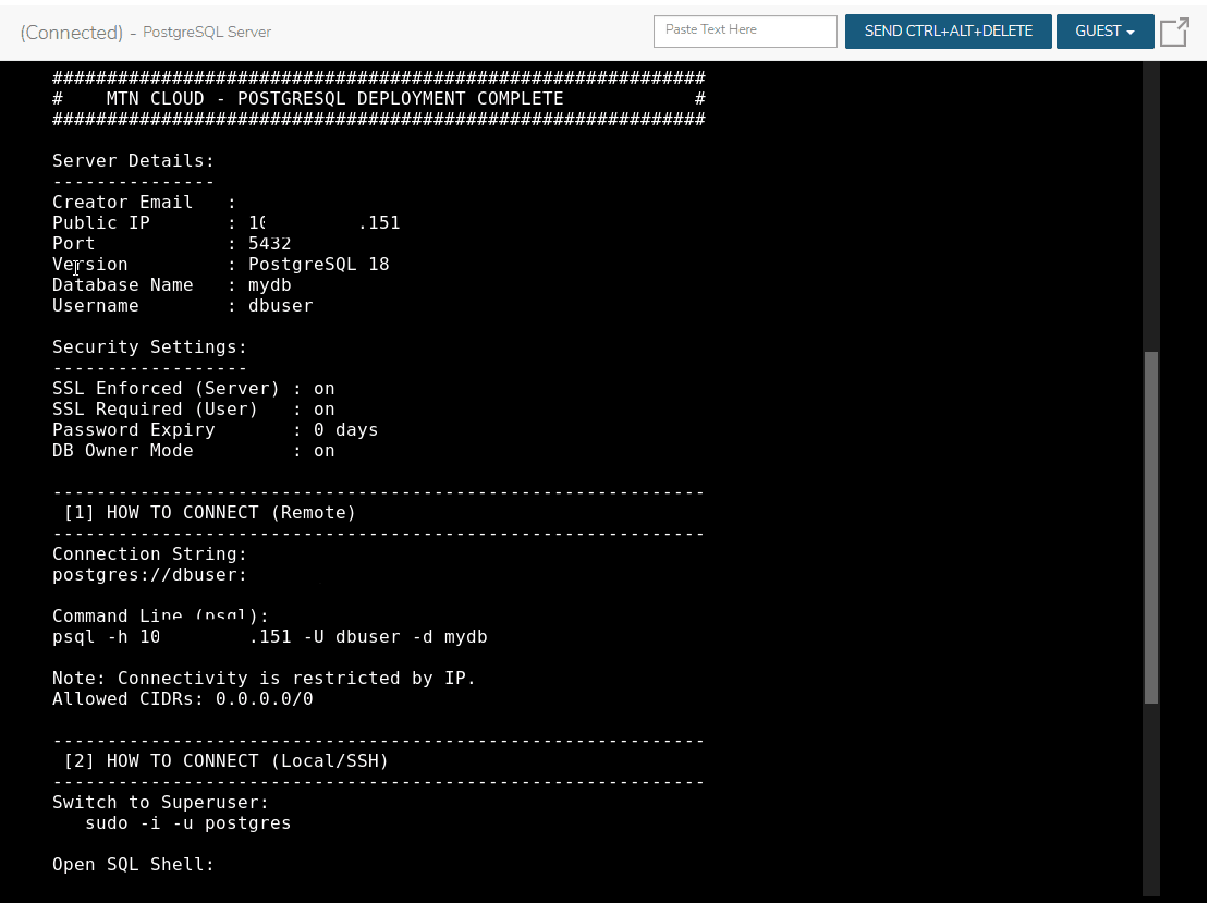 PostgreSQL deployment details in the console