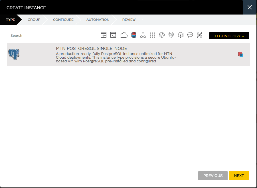 Create Instance wizard showing the MTN PostgreSQL Single-Node instance type