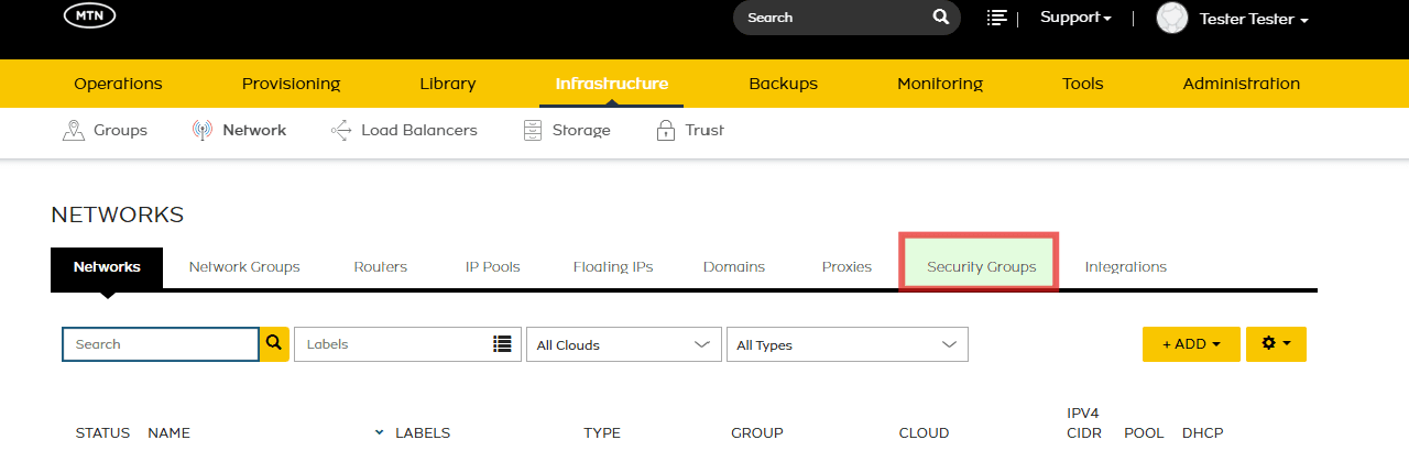 Security Groups tab under Networks