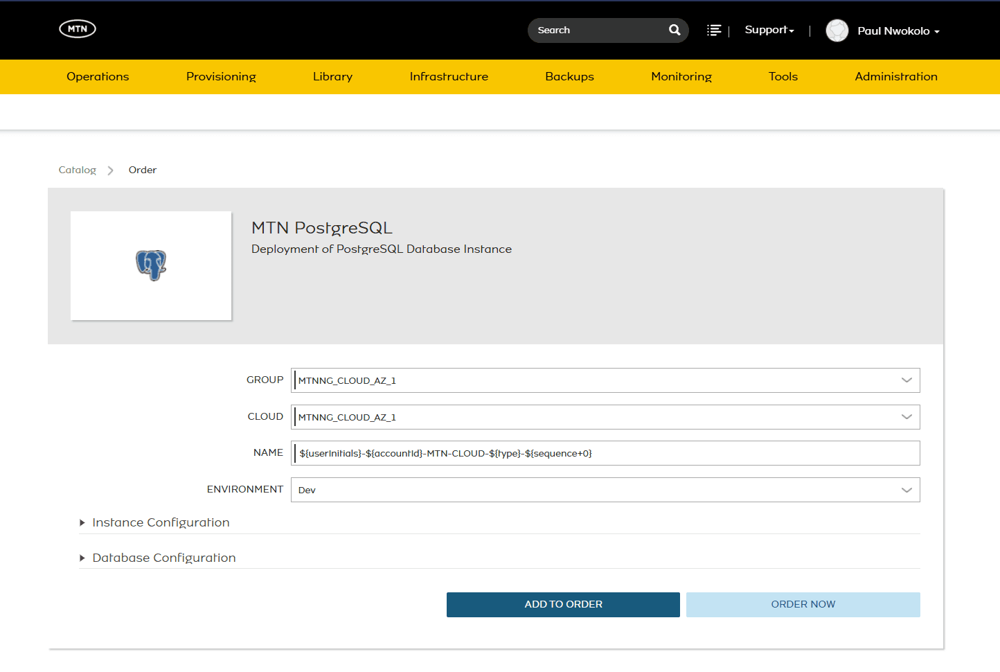 MTN PostgreSQL order form