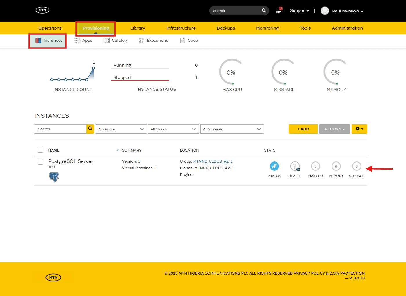 Provisioning > Instances showing the PostgreSQL Server