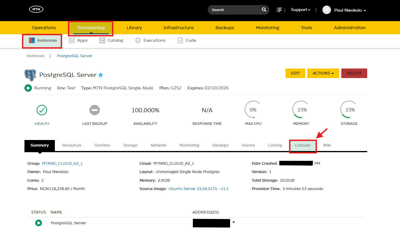 Open the Console tab on the PostgreSQL Server instance