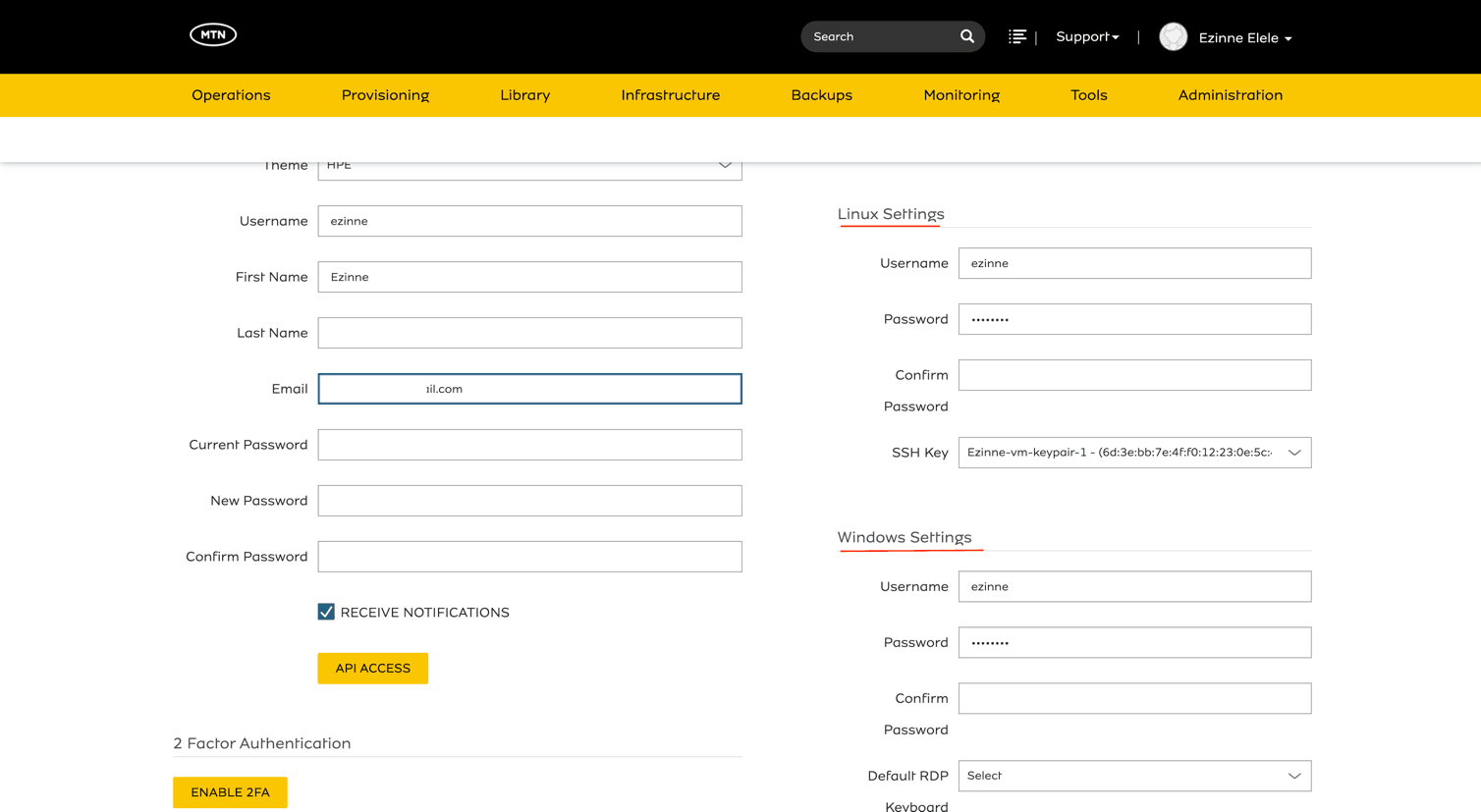Create credentials for VM access under the Linux and Windows settings