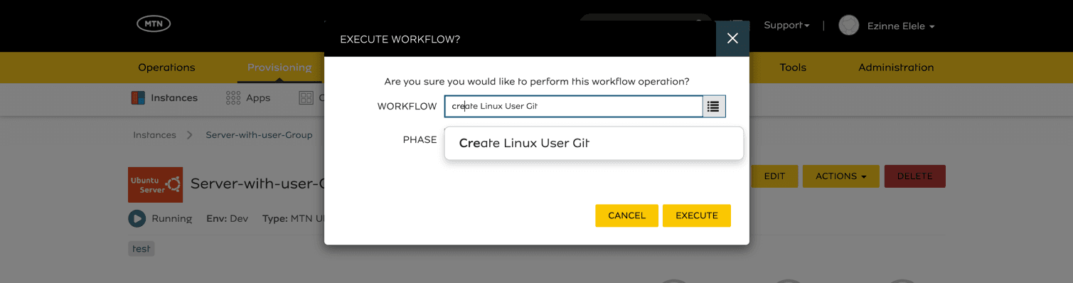 Execute Workflow dialog with the Create Linux User workflow selected