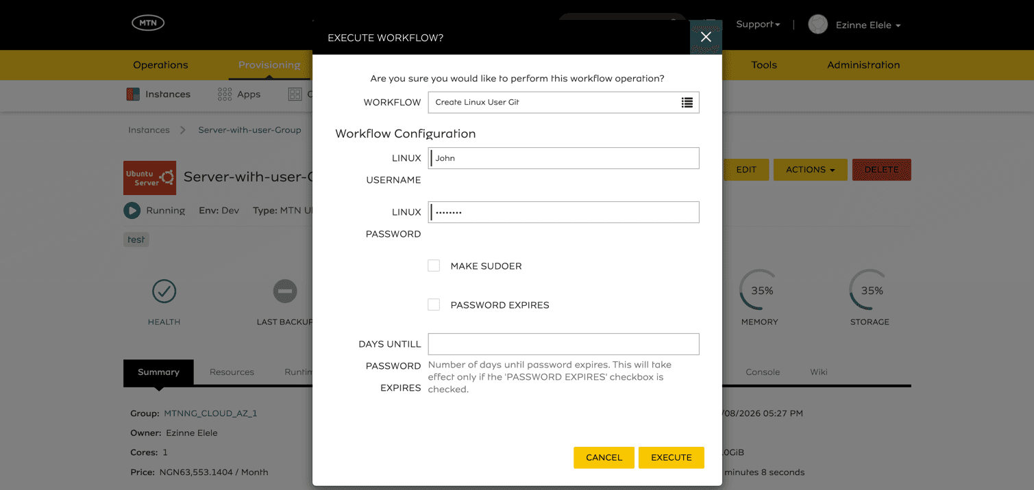 Workflow Configuration form with Linux username, password, Make Sudoer, and Password Expires options