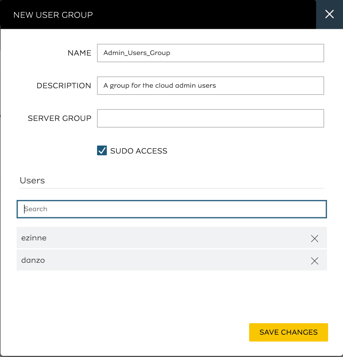 Input details and save changes in the New User Group form