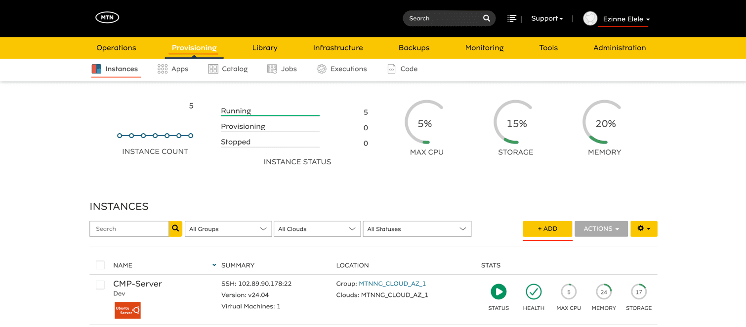 Instances view with the Add button to begin instance creation