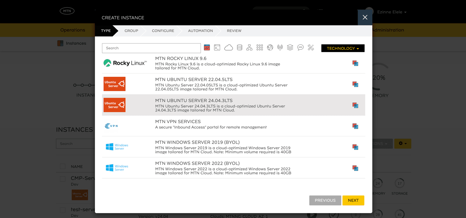 Create Instance wizard showing the operating system selection step