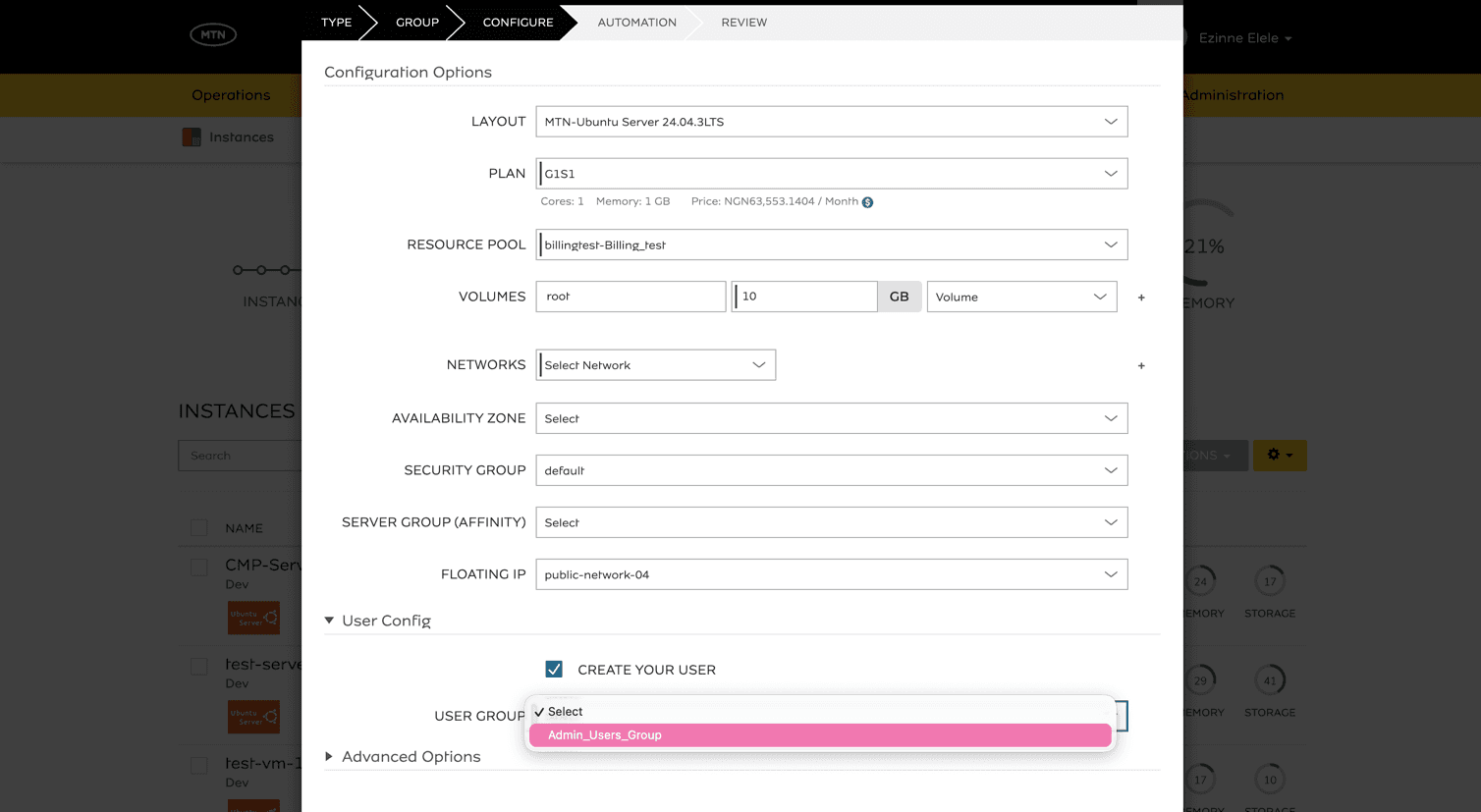 Configuration Options with the User Config section and the User Group drop-down