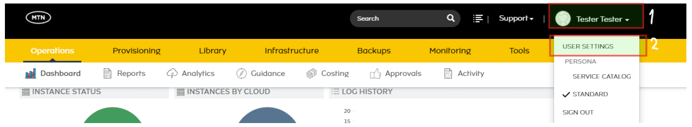Access User Settings from the top right dropdown menu