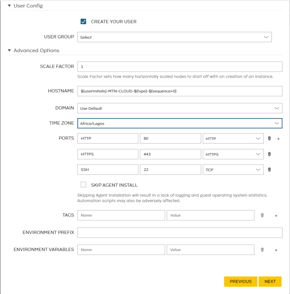 Configure advanced options such as ports and agent installation