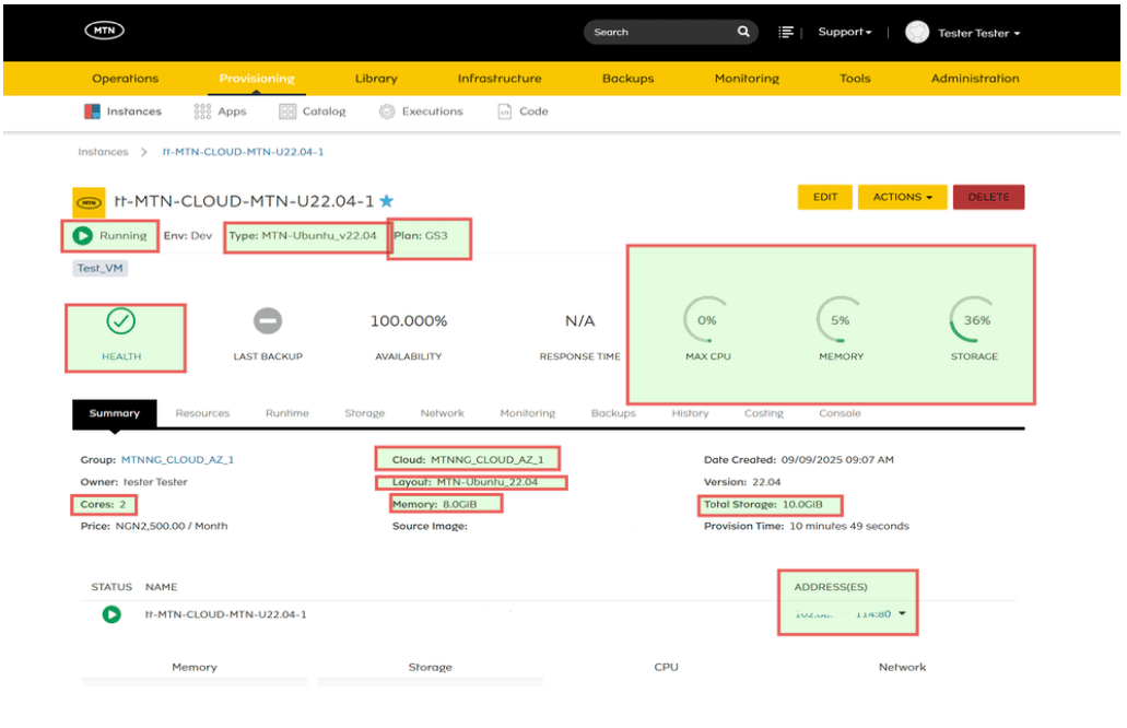 View deployed VM summary