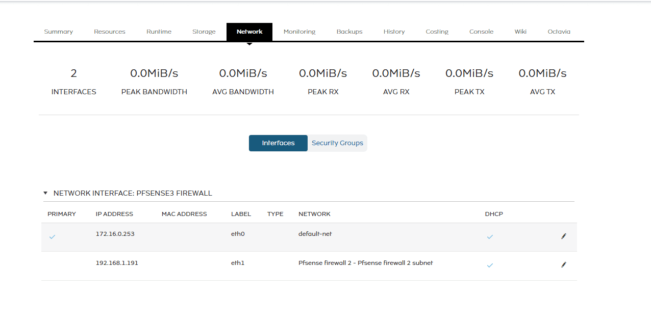 Network interfaces configured on the pfSense firewall instance