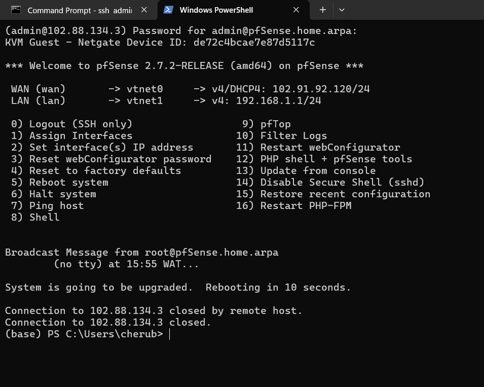 pfSense console reached over SSH, confirming SSH access works