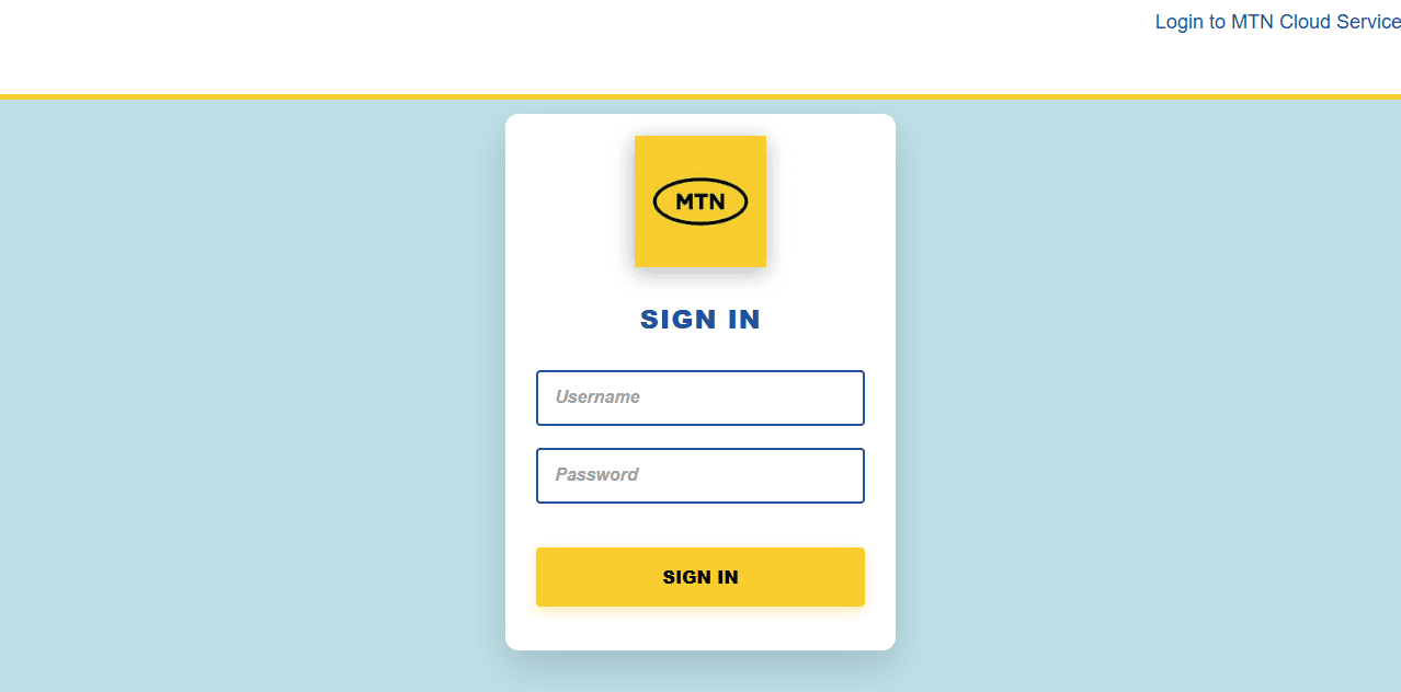 MTN Cloud Service sign in page, confirming the web GUI works