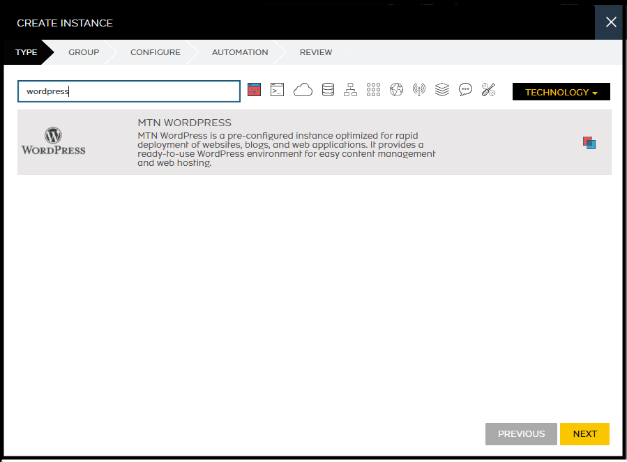 Provision via the Instance tab by selecting the MTN WordPress instance type