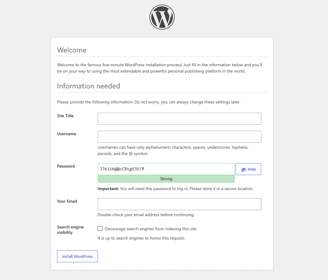 Fill in the fields, then click Install WordPress