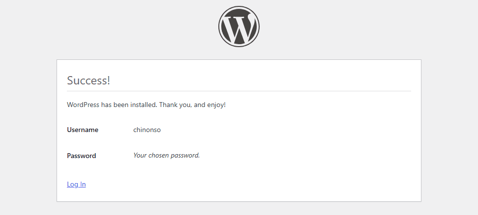 A success message indicating installation completed; click Log In