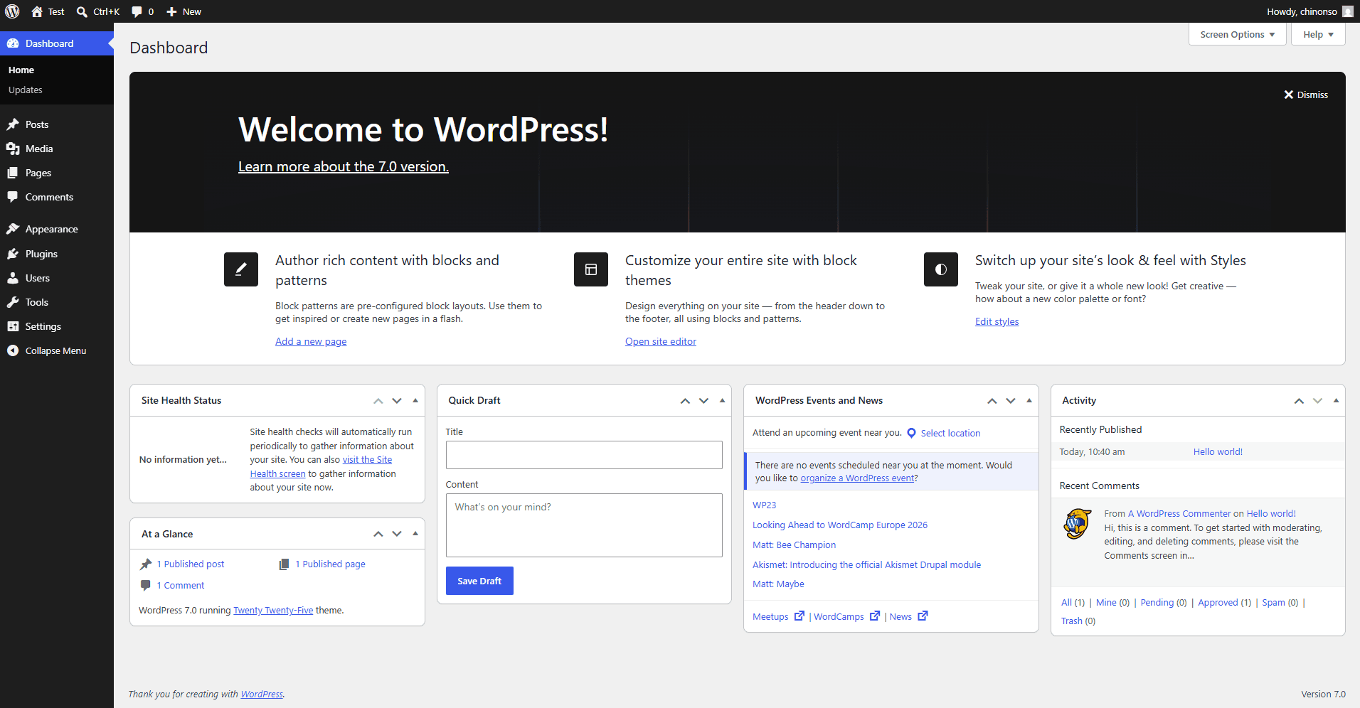 The WordPress dashboard after logging in